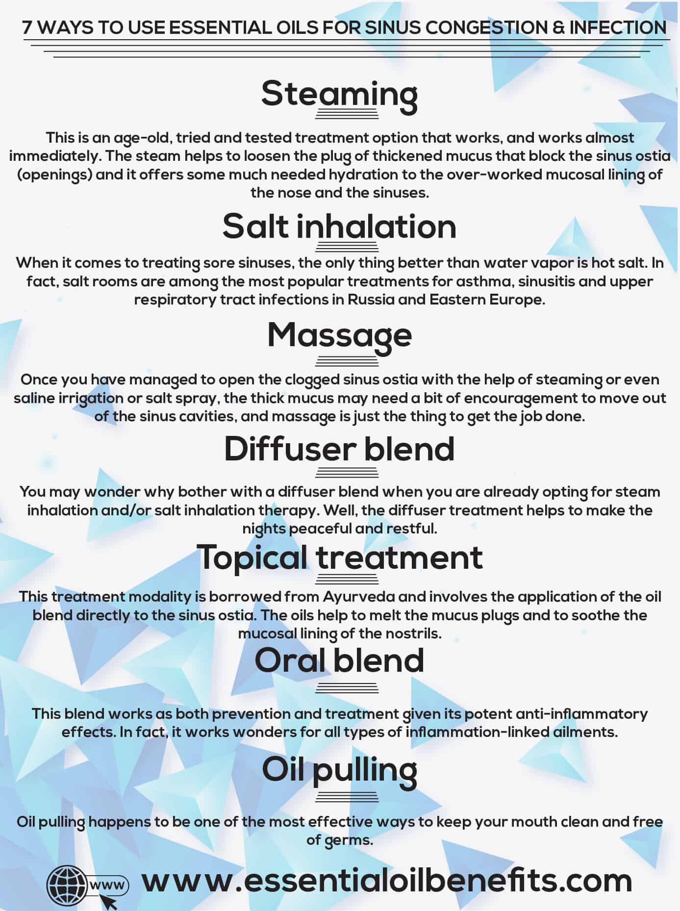 7 Ways You Can Use Essential Oils For Relief In Sinus Congestion Headaches And Infections Essential Oil Benefits